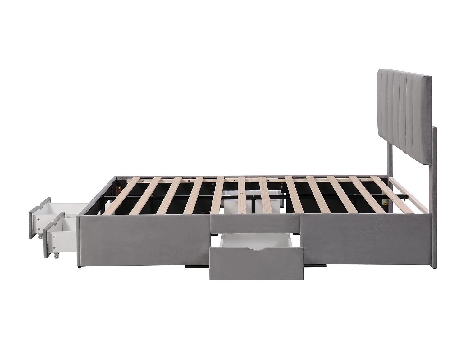 Lit adulte 140x200 cm lit double avec 4 tiroirs et tête de lit capitonné - velours gris - sans matelas