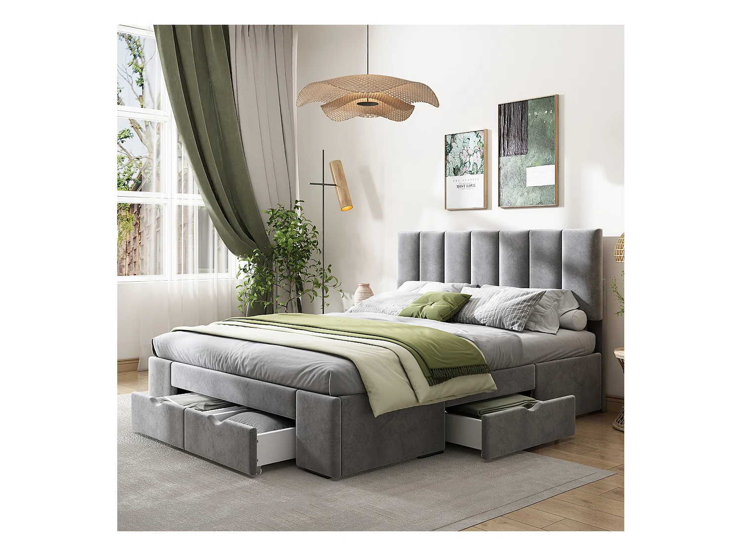 Lit adulte 140x200 cm lit double avec 4 tiroirs et tête de lit capitonné - velours gris - sans matelas