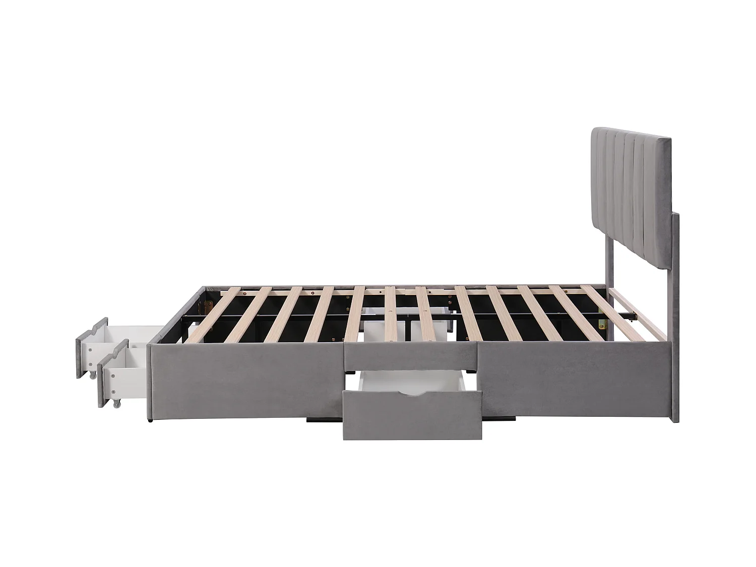 Lit adulte 140x200 cm lit double avec 4 tiroirs et tête de lit capitonné - velours gris - sans matelas