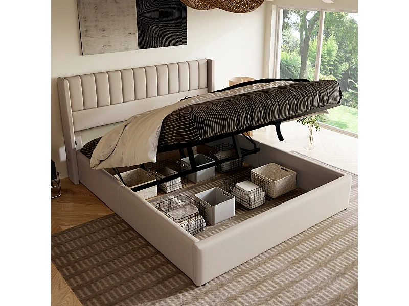 Lit coffre 140x200 cm lit adulte avec sommier à lattes - tissu en lin beige - sans matelas
