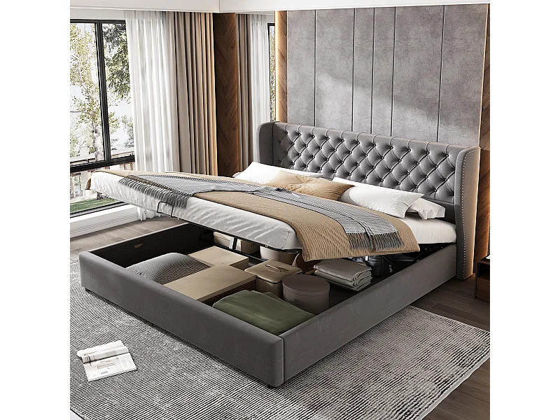 Łóżko ze schowkiem 160x200 cm - Szary aksamit - Łóżko dwuosobowe z wyściełanym zagłówkiem i podstawą z listew - Bez materaca