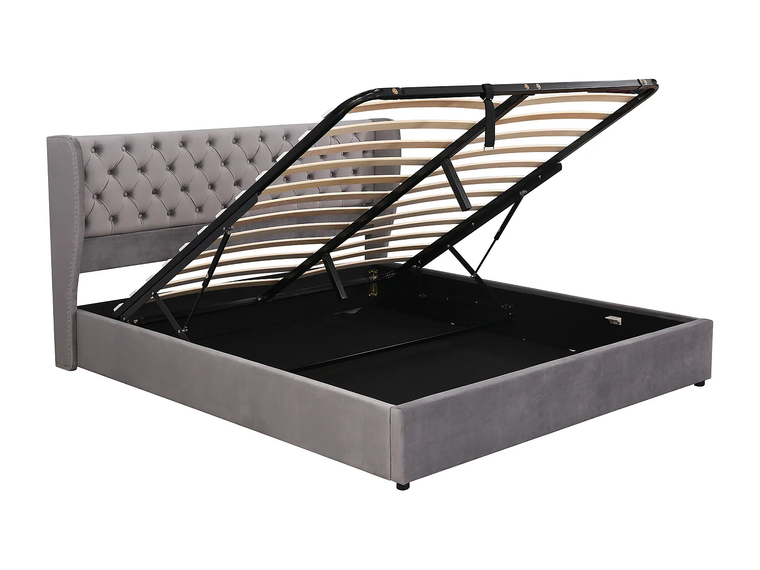 Lit coffre 160x200 cm Lit adulte avec tête de lit capitonne - velours gris - sans matelas