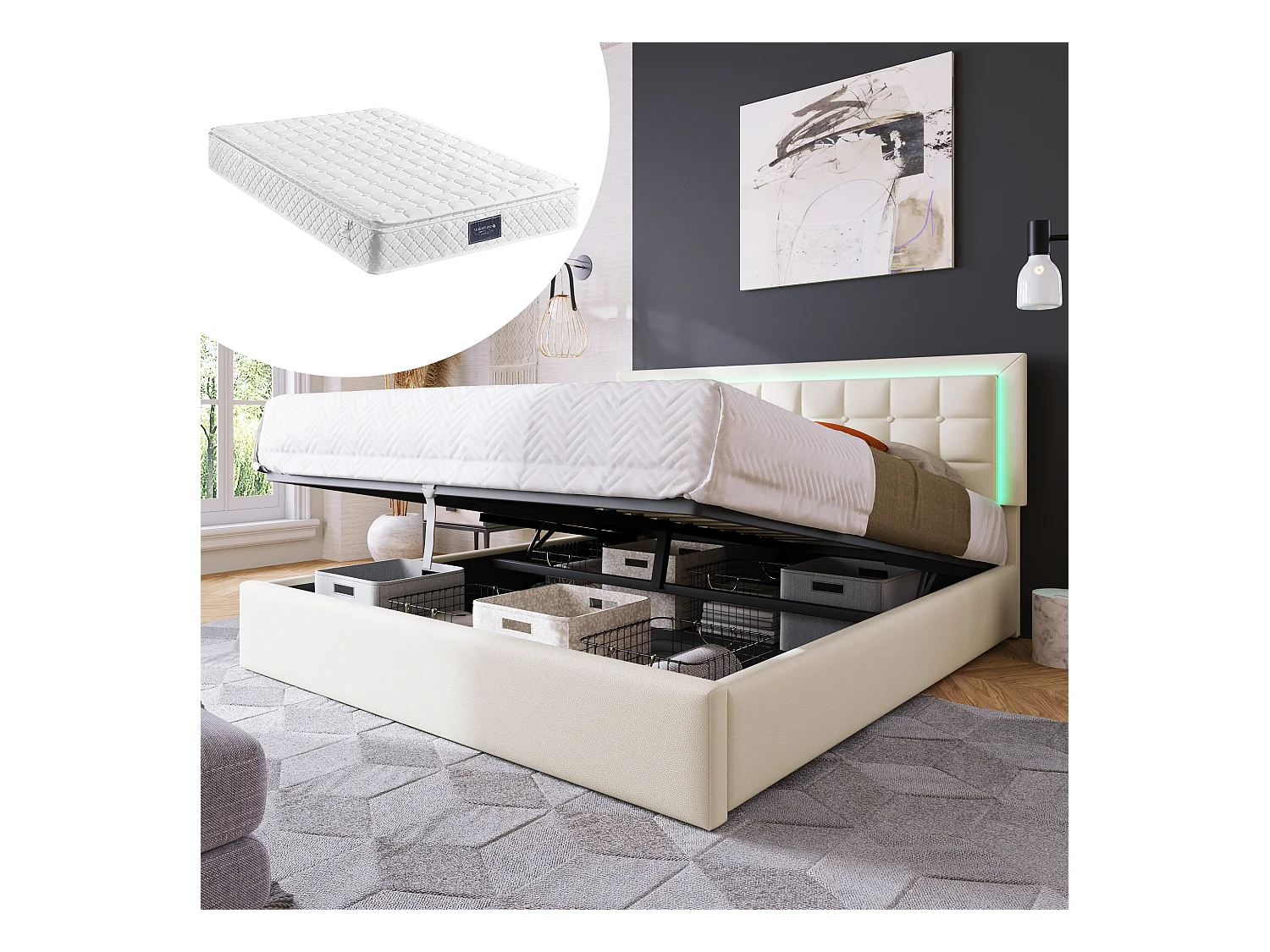 Lit coffre 140x200cm  Lit double avec LED et rangement - en cuir artificiel blanc - matelas inclus