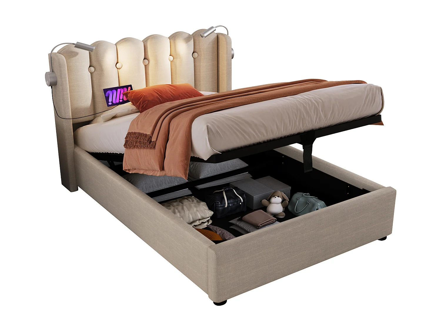 Letto contenitore 90x200 cm - lino - con luce di lettura e funzione di ricarica - naturale (con materasso)