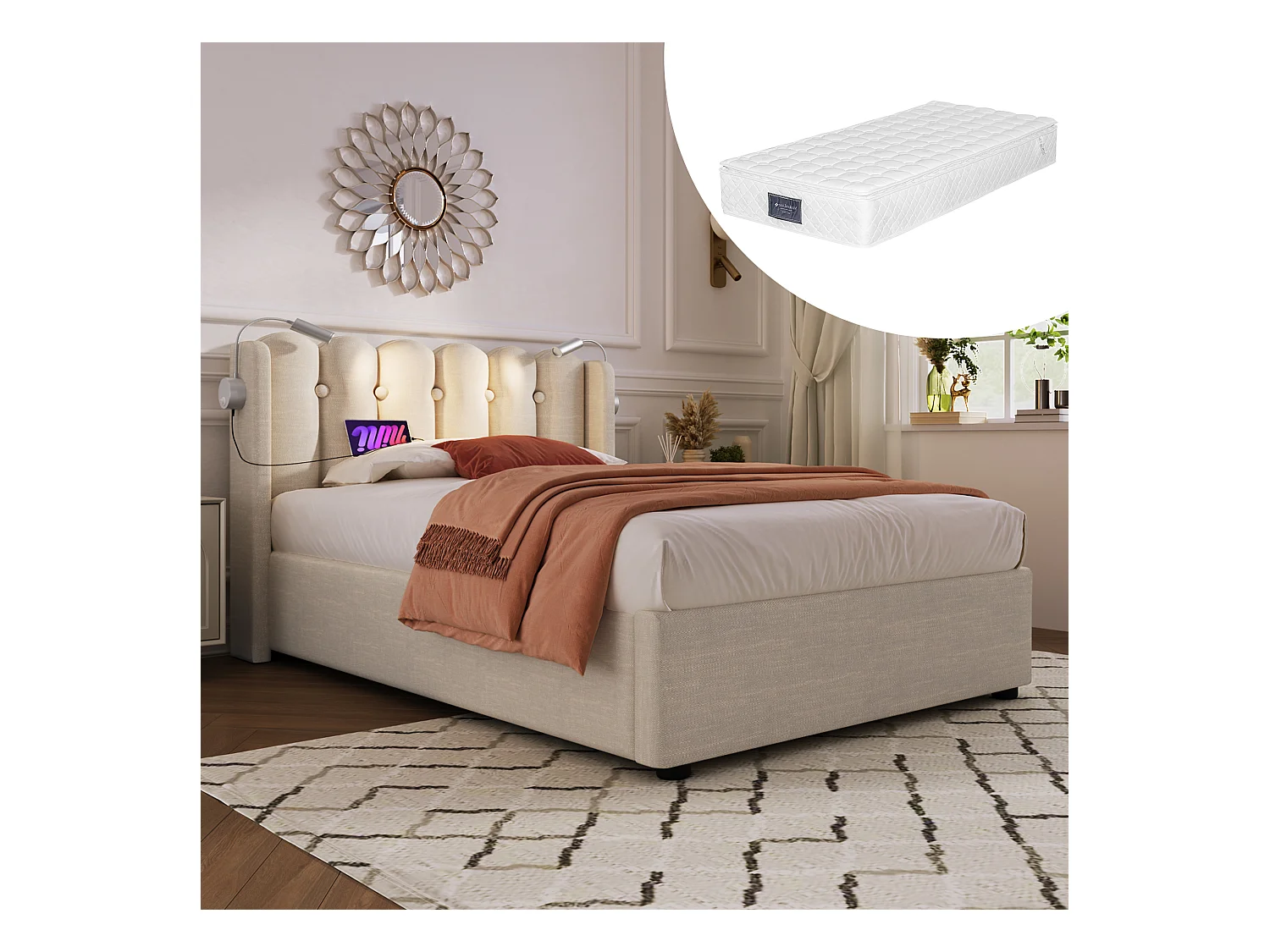 Lit coffre 90x200 cm - Lit simple avec liseuse et fonction charge - lin naturel - matelas inclus