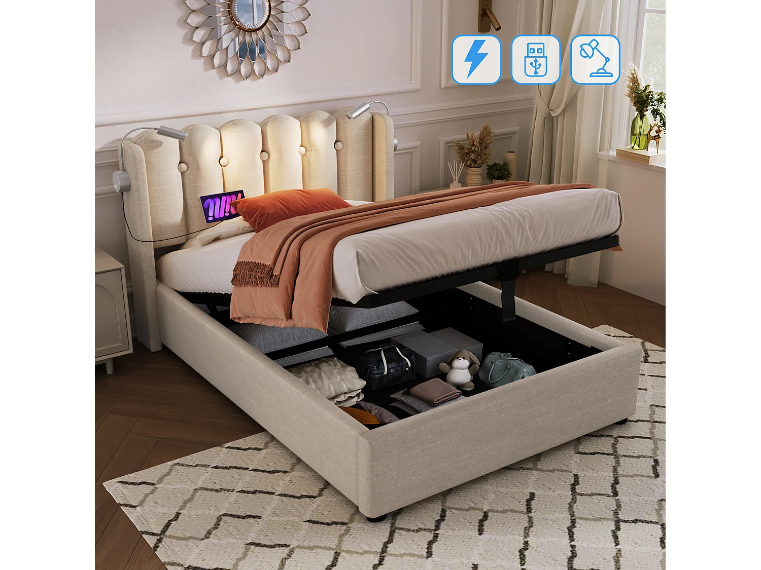 Lit coffre 90x200 cm - Lit simple avec liseuse et fonction charge - lin naturel - matelas inclus