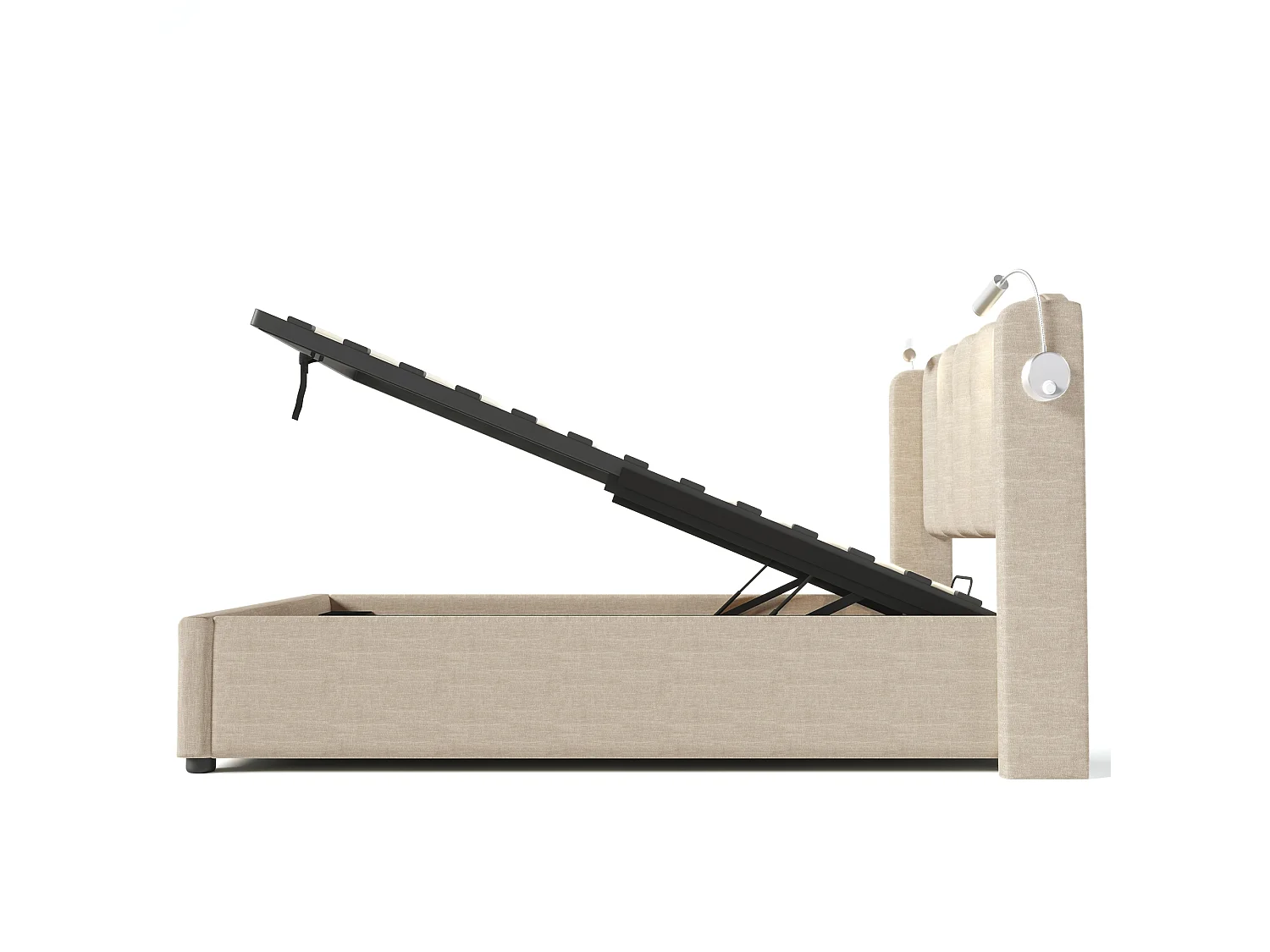 Lit coffre 90x200 cm - Lit simple avec liseuse et fonction charge - lin naturel - matelas inclus