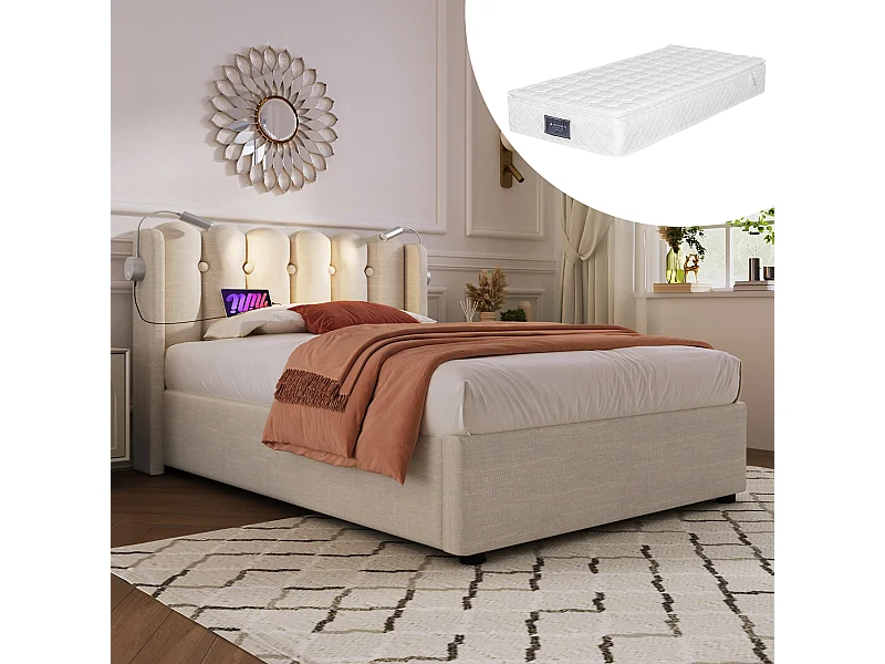 Lit coffre 90x200 cm - Lit simple avec liseuse et fonction charge - lin naturel - matelas inclus