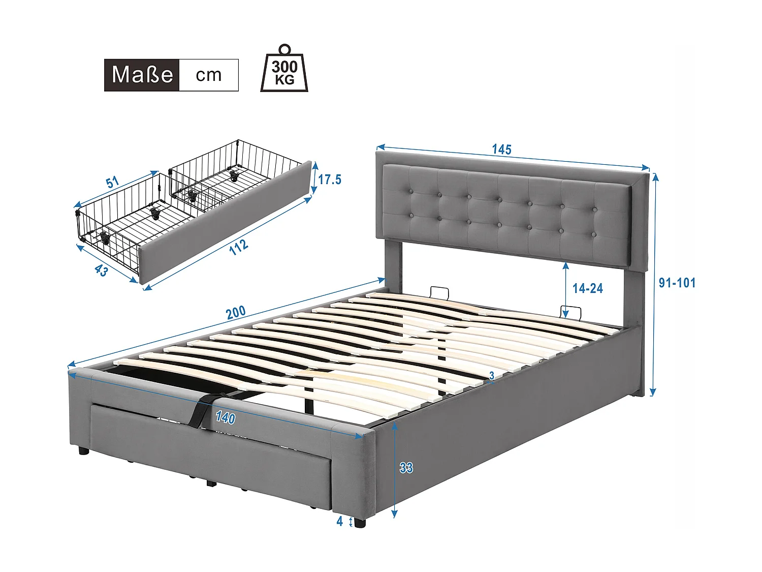 Bed met opbergruimte 140x200 cm - grijs fluweel - bed voor volwassenen met lades en verstelbaar hoofdeinde - zonder matras