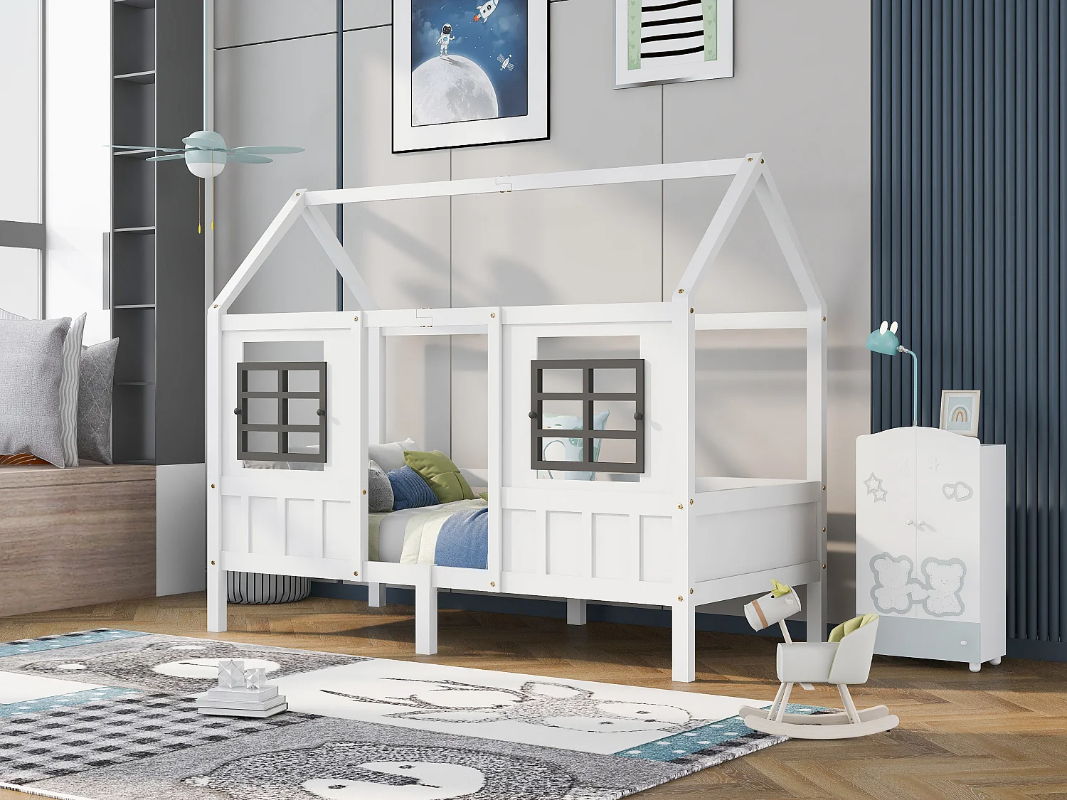 Lit cabane 200x90 cm lit simple avec 2 fenêtres et cadre en pin et MDF - blanc