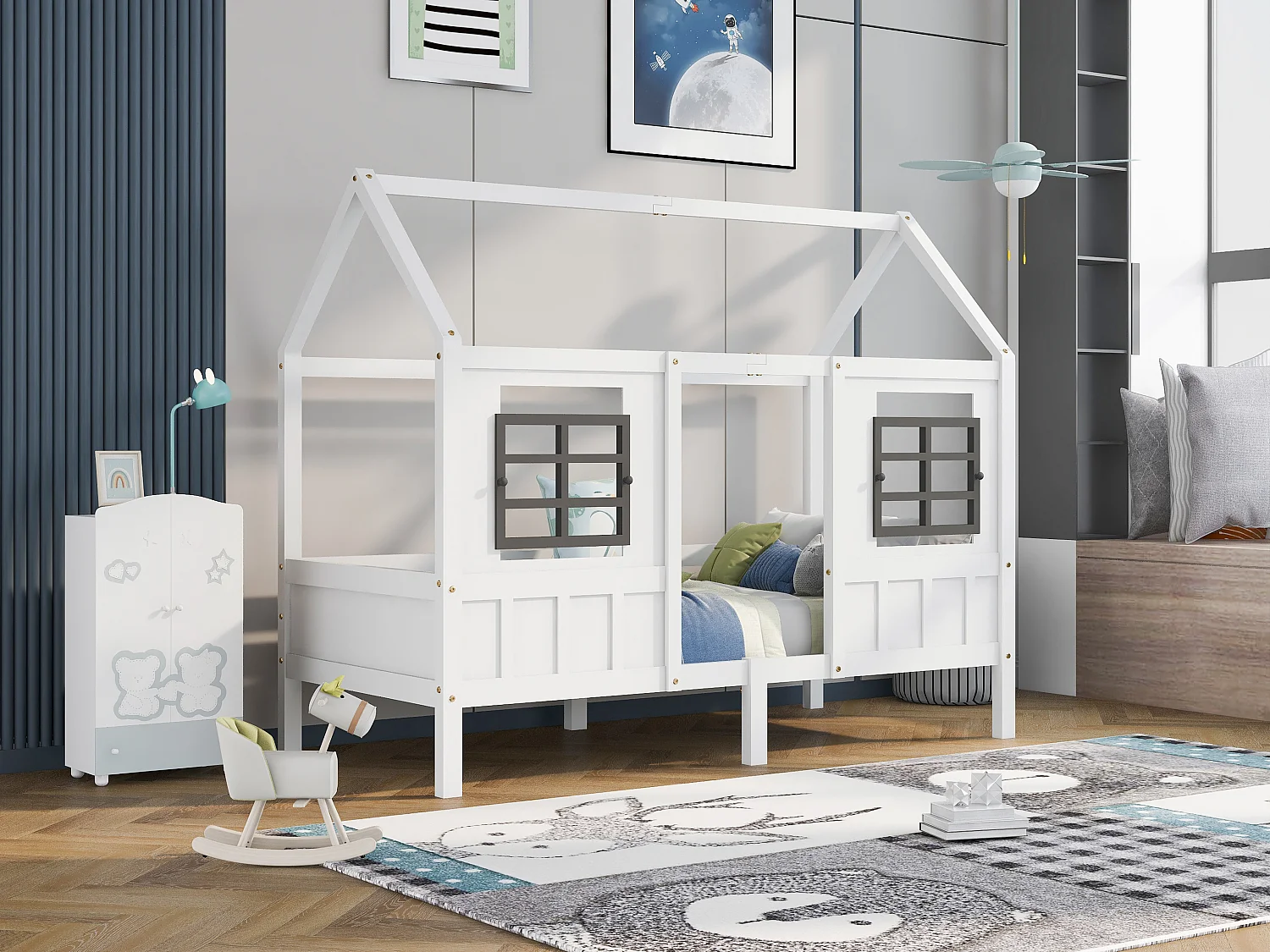 Lit cabane 200x90 cm lit simple avec 2 fenêtres et cadre en pin et MDF - blanc