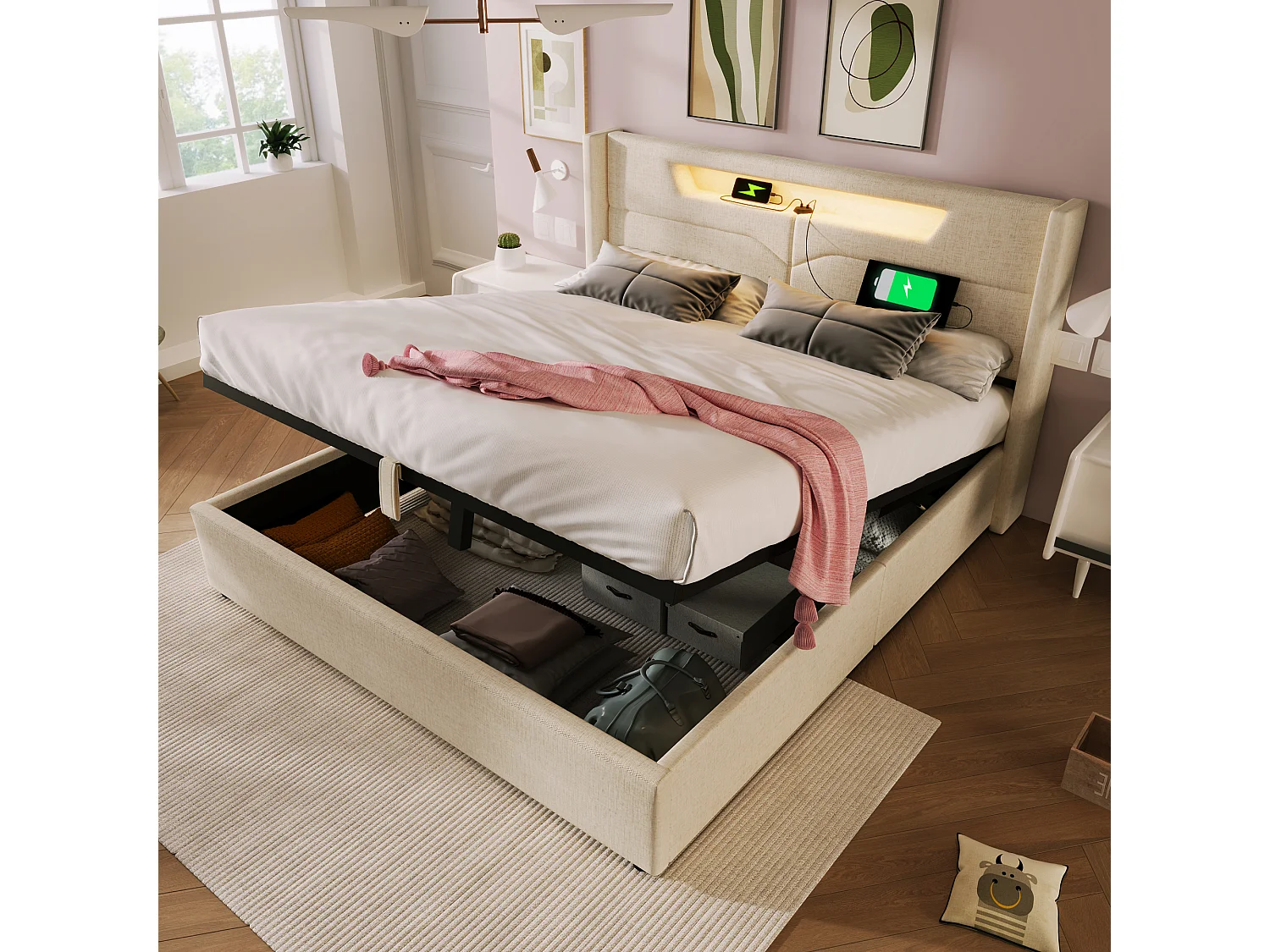 Letto contenitore imbottito in lino 140x200 cm con USB Type C e illuminazione LED - Beige