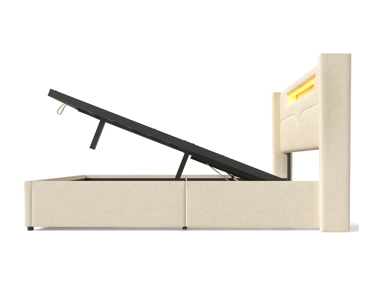 Letto contenitore imbottito in lino 140x200 cm con USB Type C e illuminazione LED - Beige