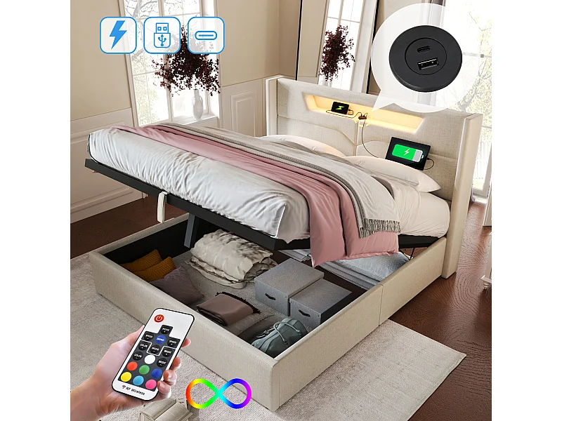 Cama canapé acolchada de lino 140x200 cm con USB tipo C e iluminación LED - Beige