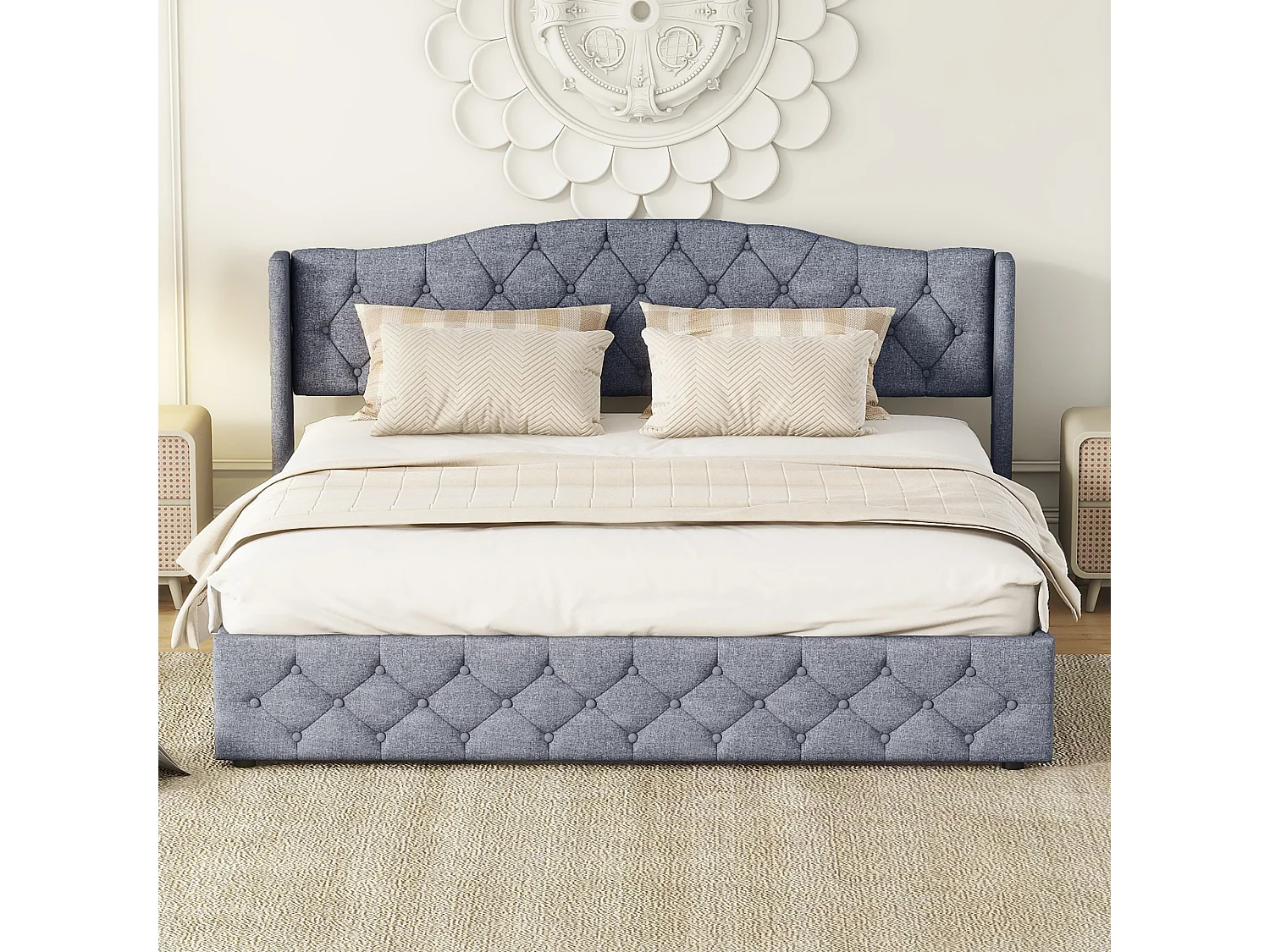 Bett mit Stauraum 180 x 200 cm – graues Leinen – Erwachsenenbett mit Kopfteil und Lattenrost – ohne Matratze