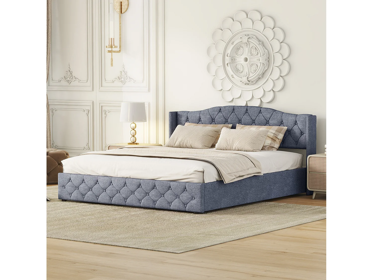 Bett mit Stauraum 180 x 200 cm – graues Leinen – Erwachsenenbett mit Kopfteil und Lattenrost – ohne Matratze