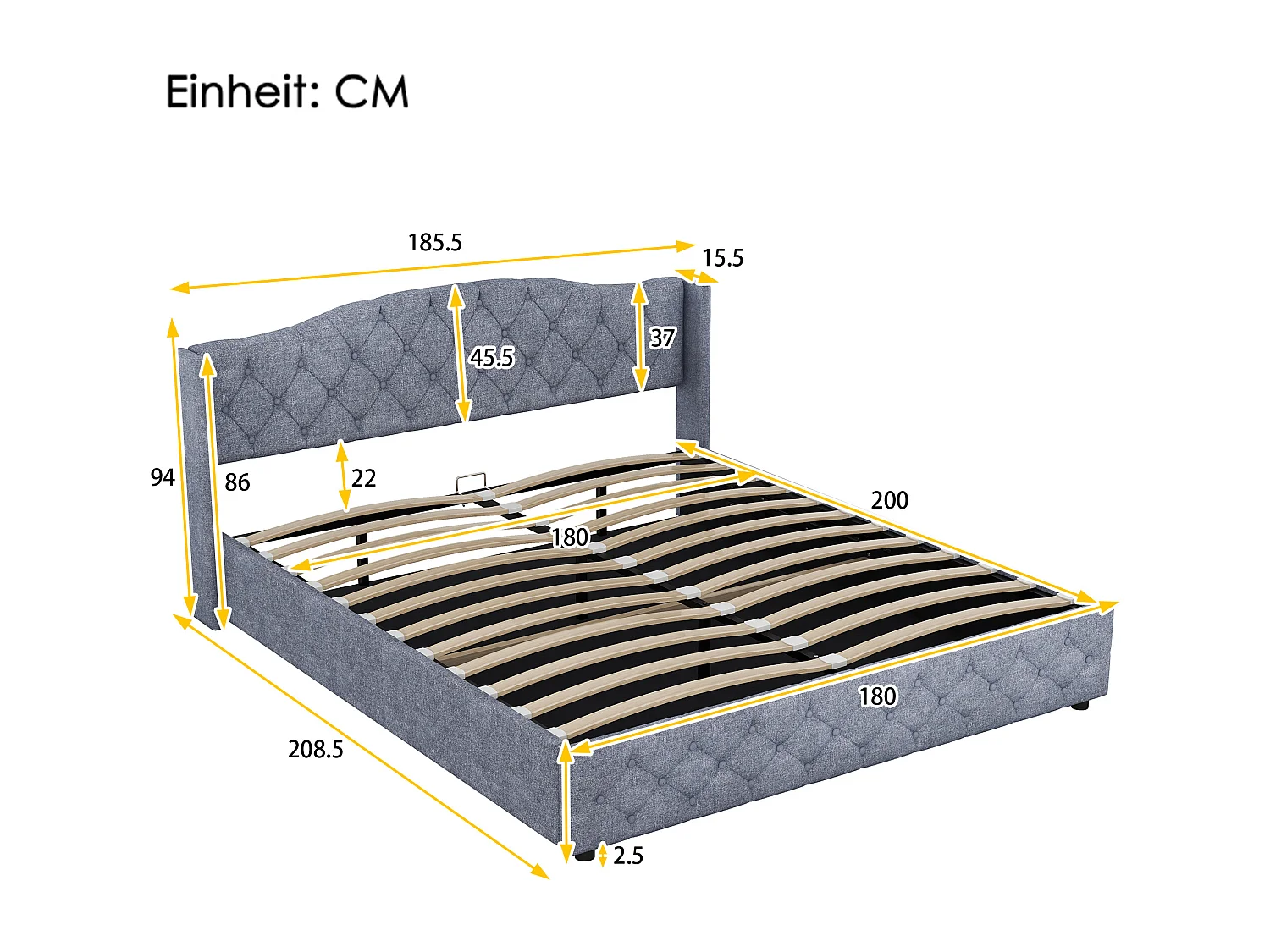 Bett mit Stauraum 180 x 200 cm – graues Leinen – Erwachsenenbett mit Kopfteil und Lattenrost – ohne Matratze