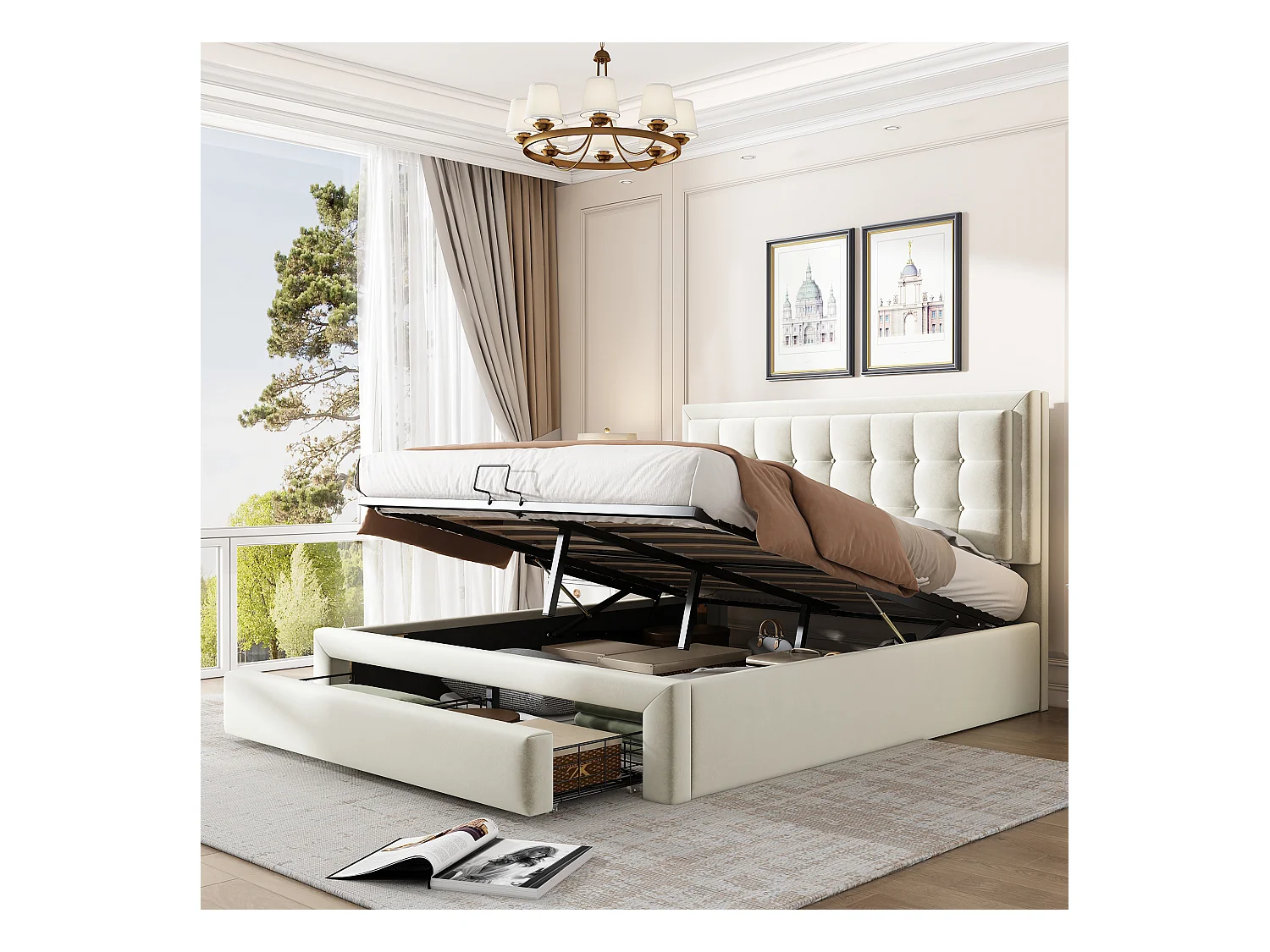 Lit coffre adulte double hydraulique velours 140x200 cm avec tiroirs - Beige