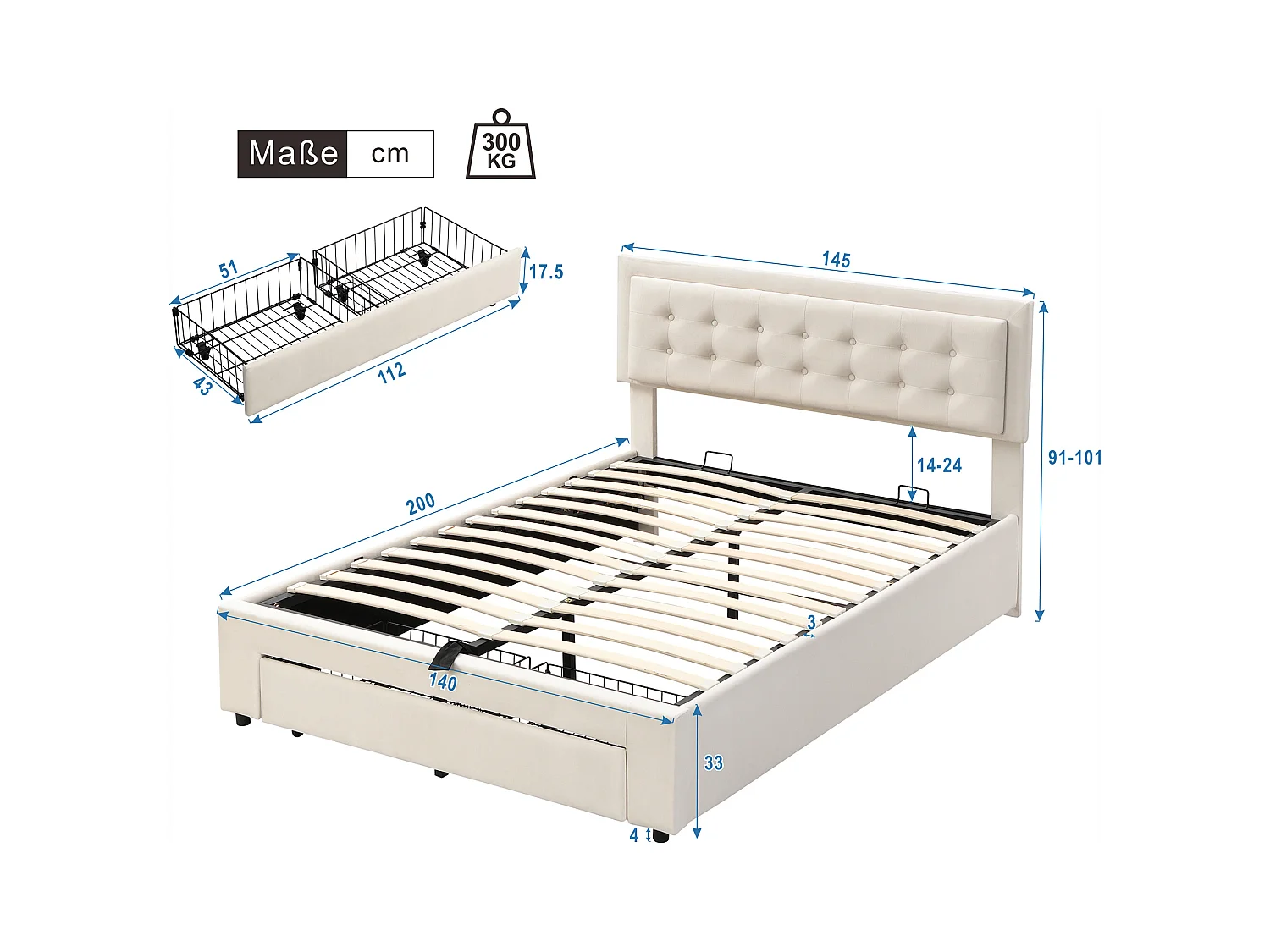 Bett mit Stauraum 140 x 200 cm – beigefarbener Samt – Erwachsenenbett mit Schubladen und verstellbarem Kopfteil – ohne Matratze