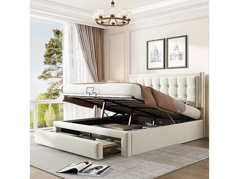 Lit coffre adulte double hydraulique velours 140x200 cm avec tiroirs - Beige