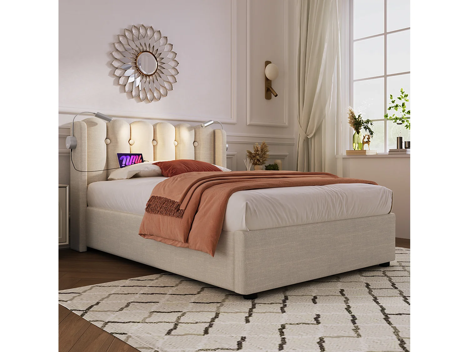 Letto singolo contenitore 90x200 cm - lino - con funzione di ricarica e luce di lettura - senza materasso - naturale