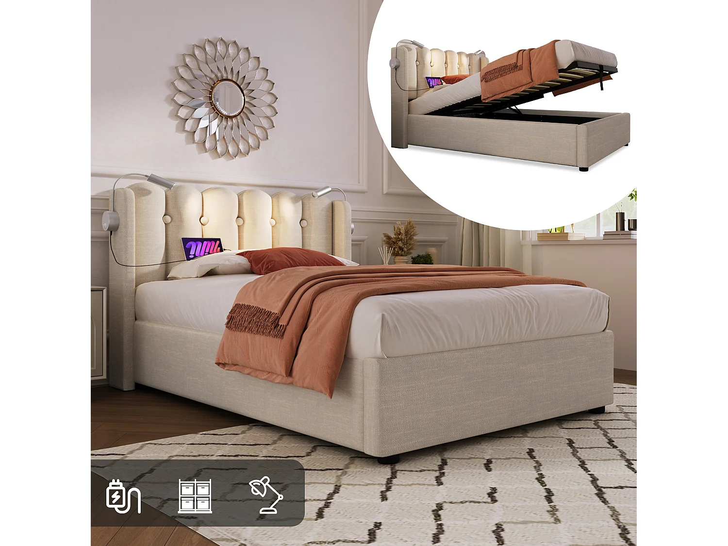 Bed met opbergruimte 90x200 cm - Natuurlijk linnen - Kinderbed met leeslampje en oplaadaansluiting - zonder matras