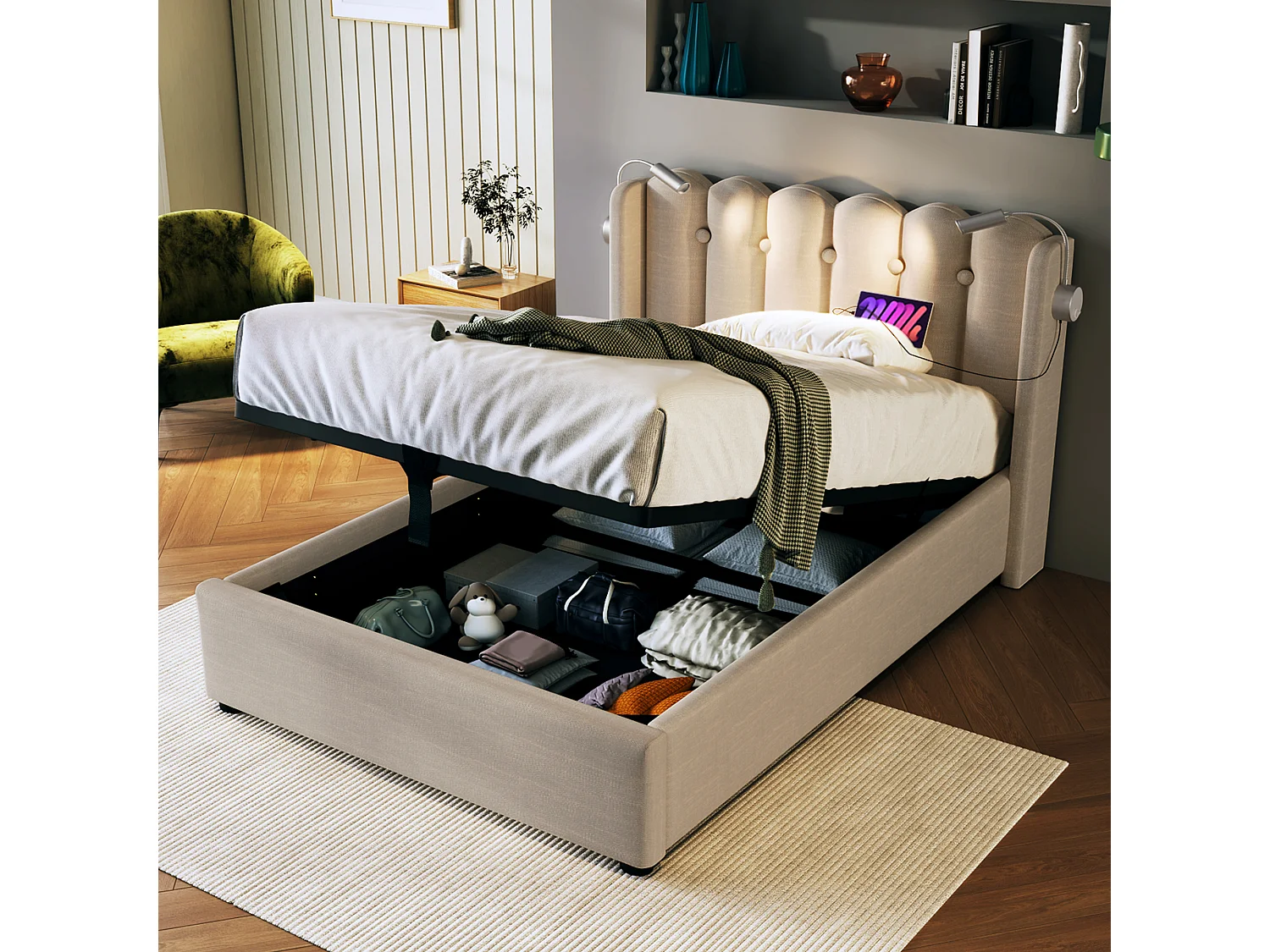 Bed met opbergruimte 90x200 cm - Natuurlijk linnen - Kinderbed met leeslampje en oplaadaansluiting - zonder matras