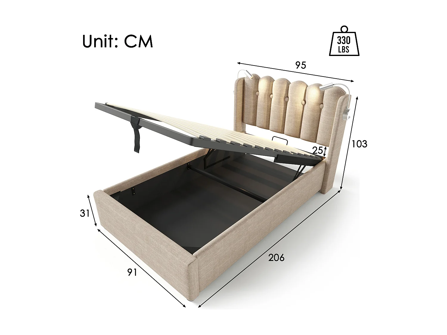 Bed met opbergruimte 90x200 cm - Natuurlijk linnen - Kinderbed met leeslampje en oplaadaansluiting - zonder matras