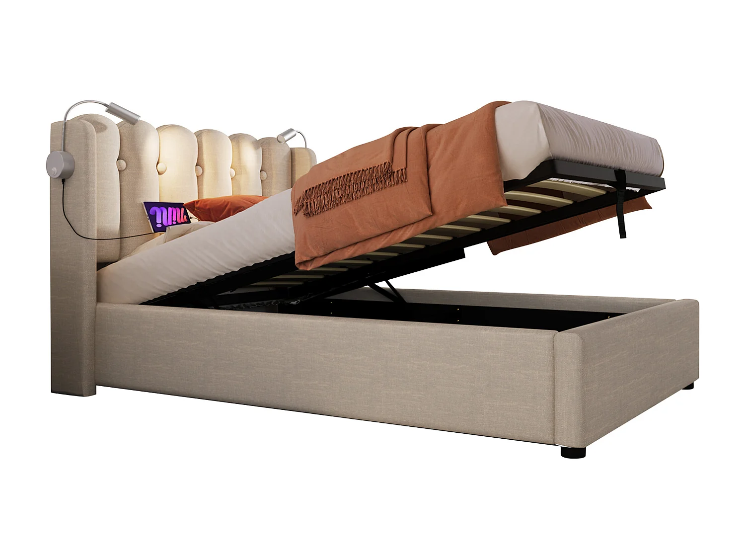 Bed met opbergruimte 90x200 cm - Natuurlijk linnen - Kinderbed met leeslampje en oplaadaansluiting - zonder matras