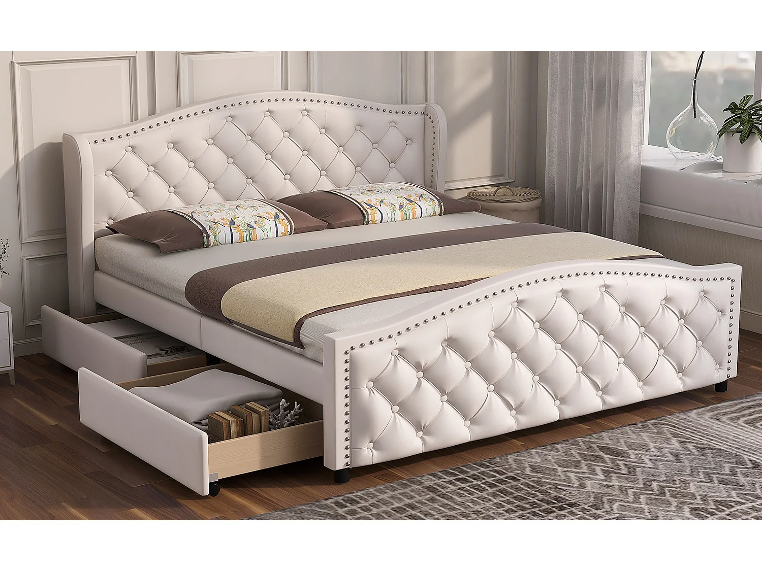 Bett 160 x 200 cm – weißes PU – mit 2 Schubladen und genietetem Kopfteil – ohne Matratze