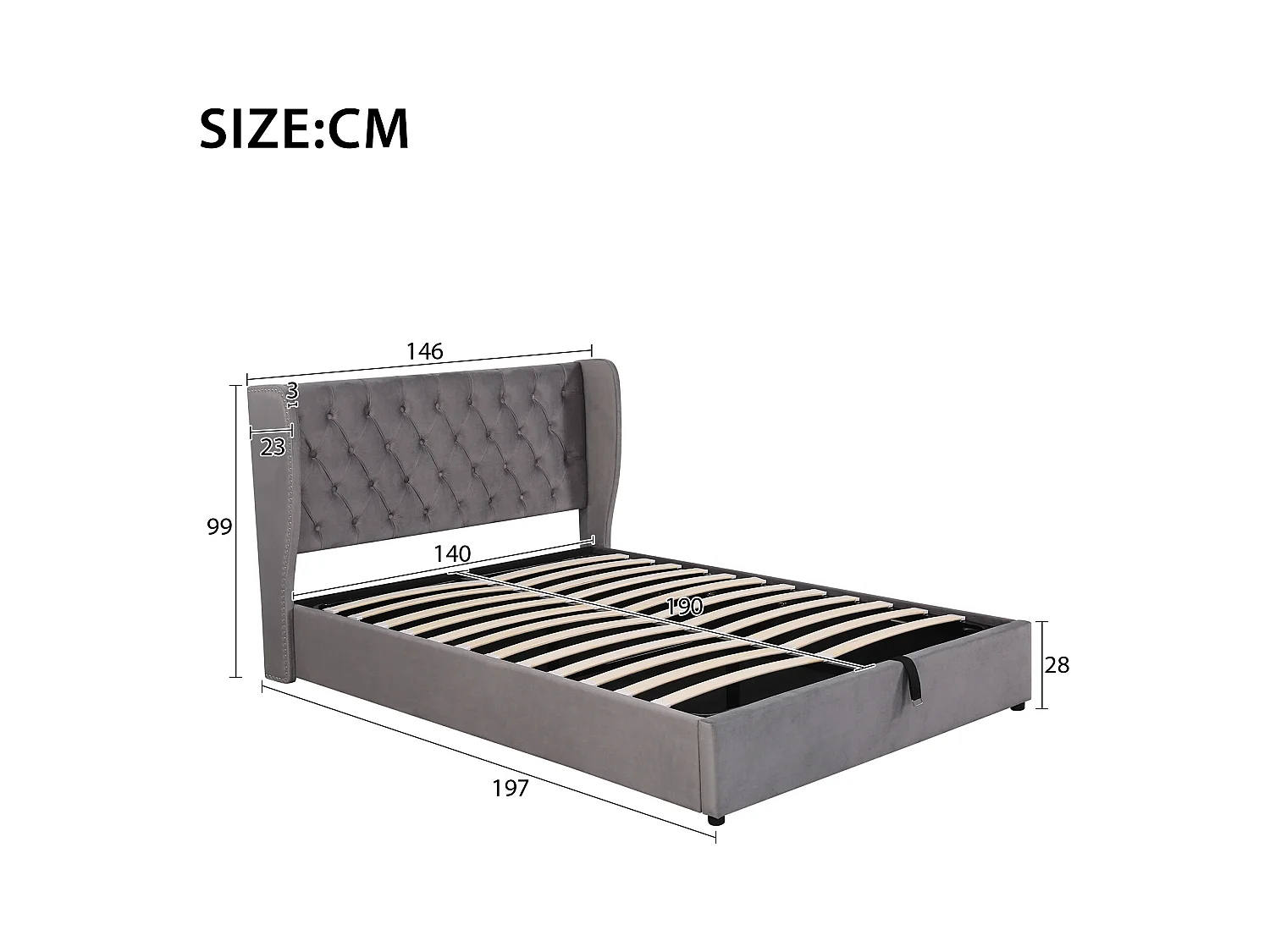 Lit coffre  140x190 cm - velours gris - lit double avec tête de lit tapissée et sommier à lattes - sans matelas