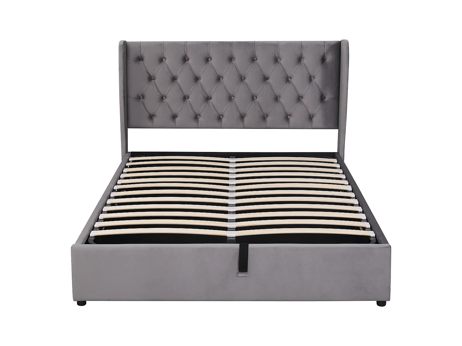 Lit coffre  140x190 cm - velours gris - lit double avec tête de lit tapissée et sommier à lattes - sans matelas