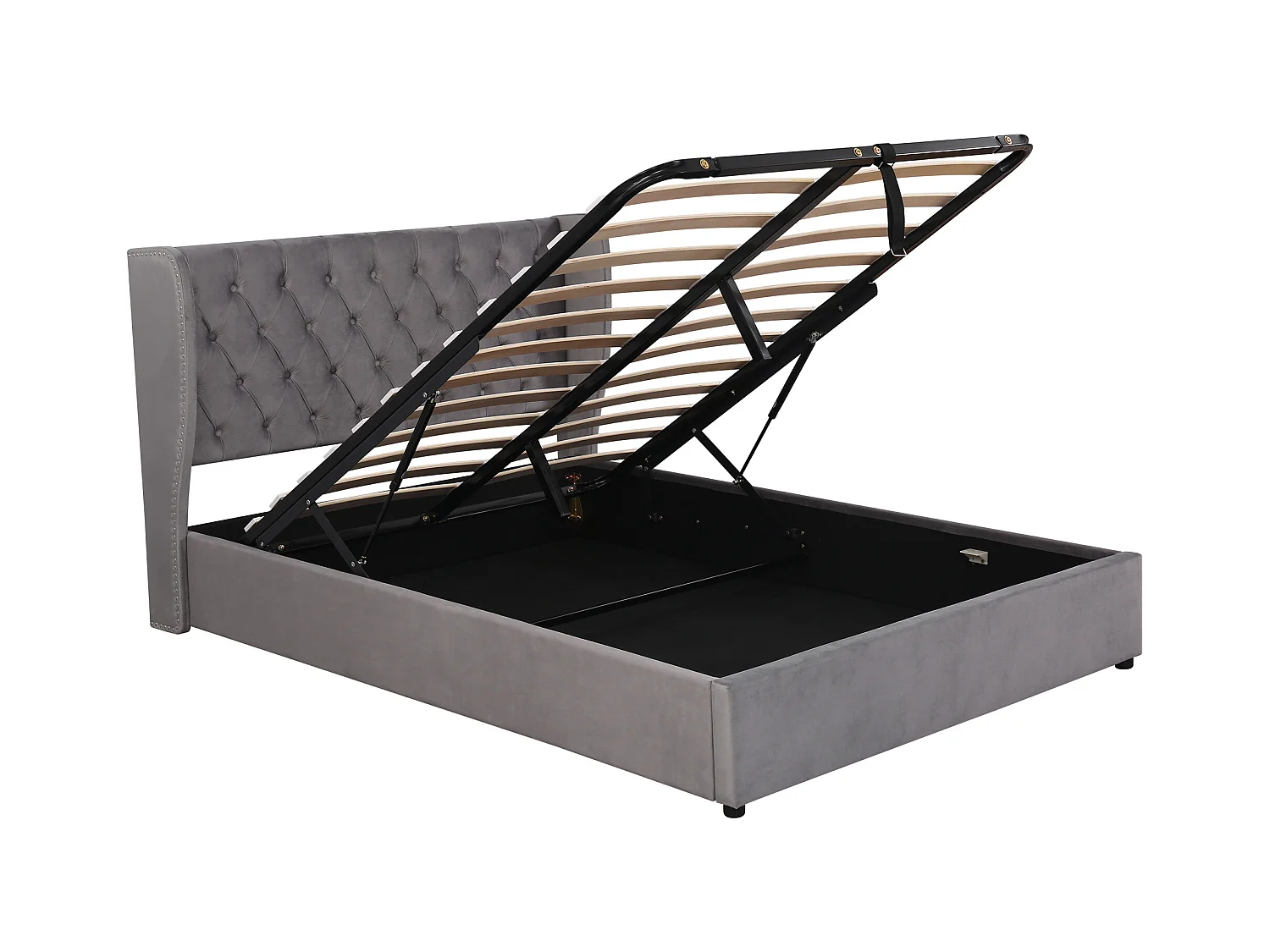 Lit coffre  140x190 cm - velours gris - lit double avec tête de lit tapissée et sommier à lattes - sans matelas