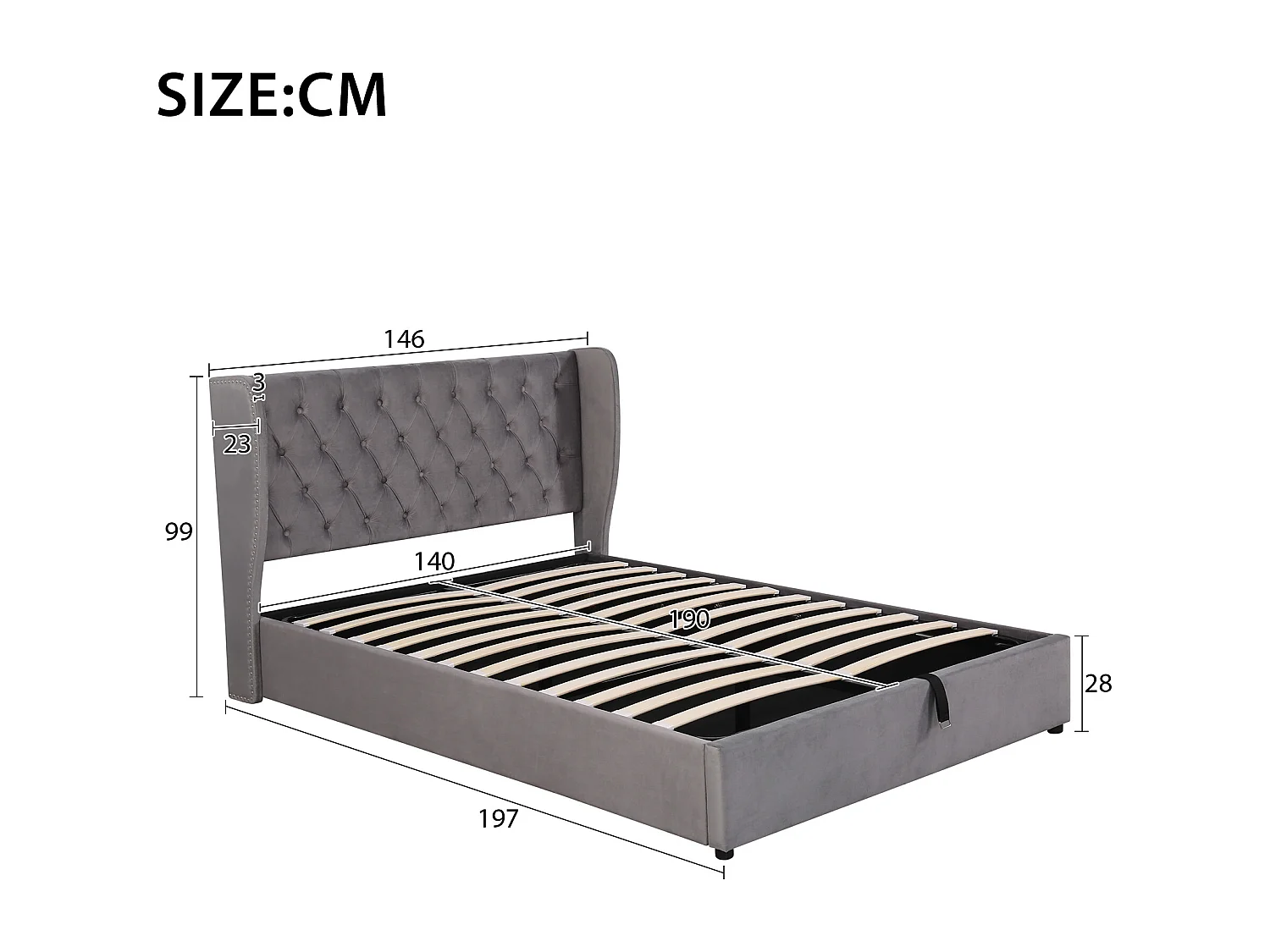 Lit coffre  140x190 cm - velours gris - lit double avec tête de lit tapissée et sommier à lattes - sans matelas