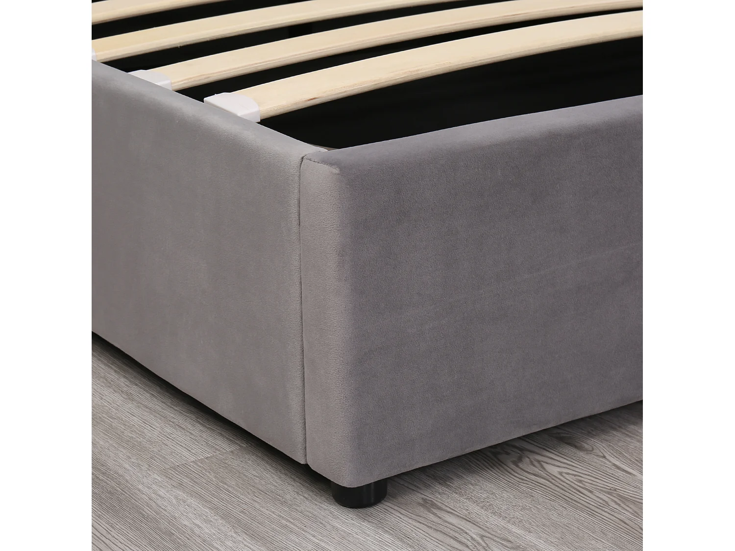 Lit coffre  140x190 cm - velours gris - lit double avec tête de lit tapissée et sommier à lattes - sans matelas