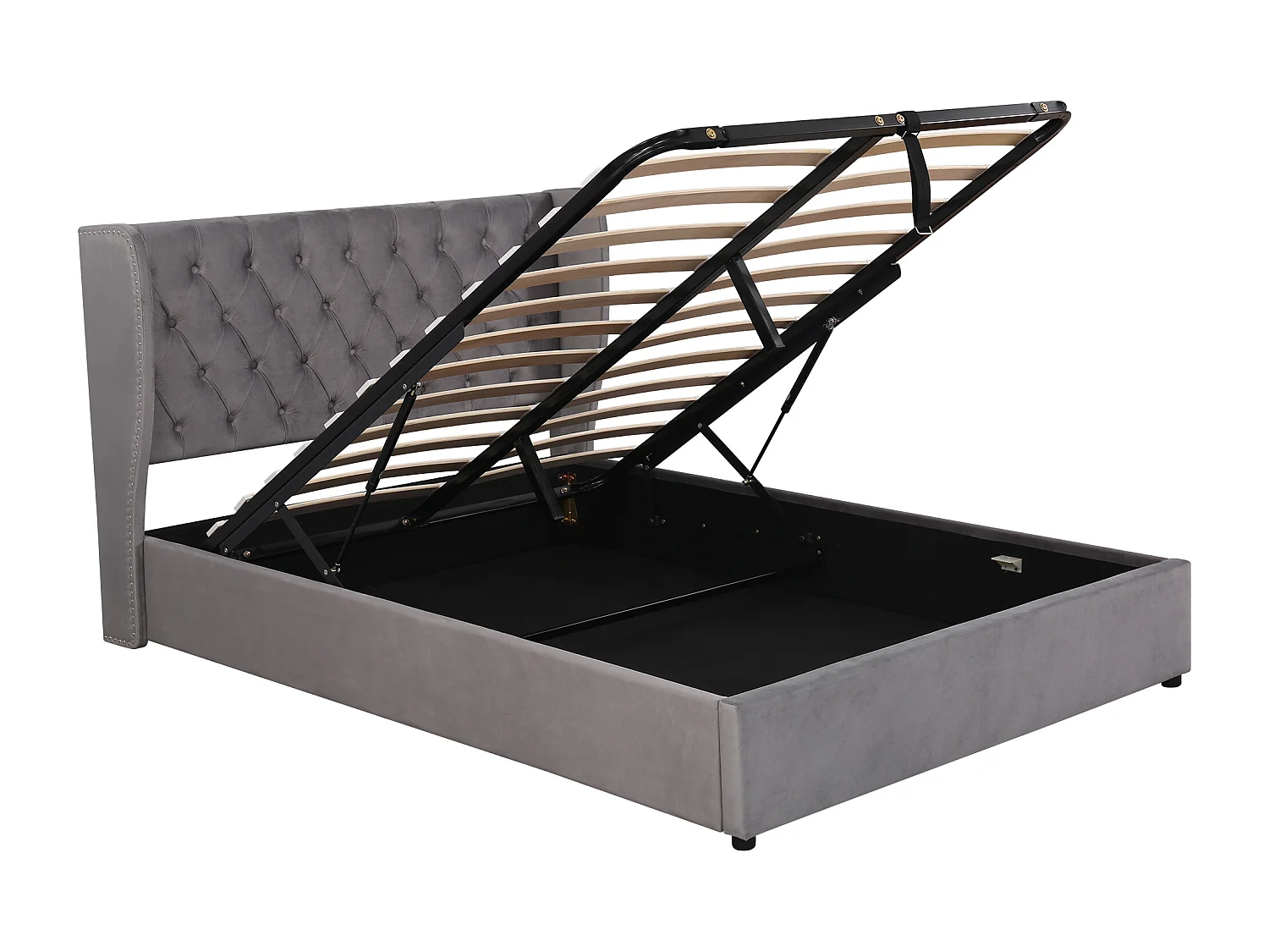 Lit coffre  140x190 cm - velours gris - lit double avec tête de lit tapissée et sommier à lattes - sans matelas