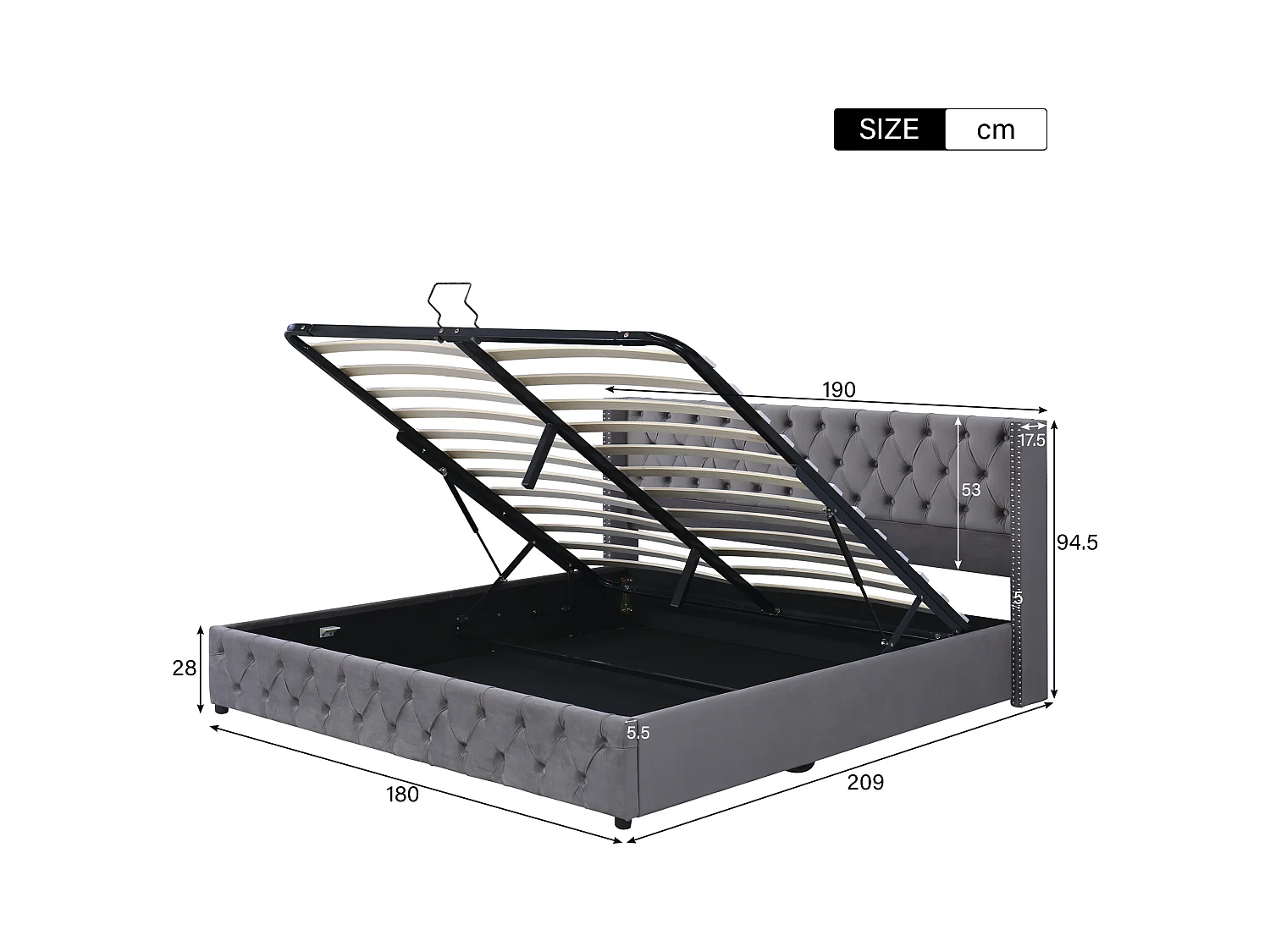 Bett mit Stauraum 180 x 200 cm – grauer Samt – Doppelbett mit geknöpftem Kopfteil und Lattenrost – ohne Matratze