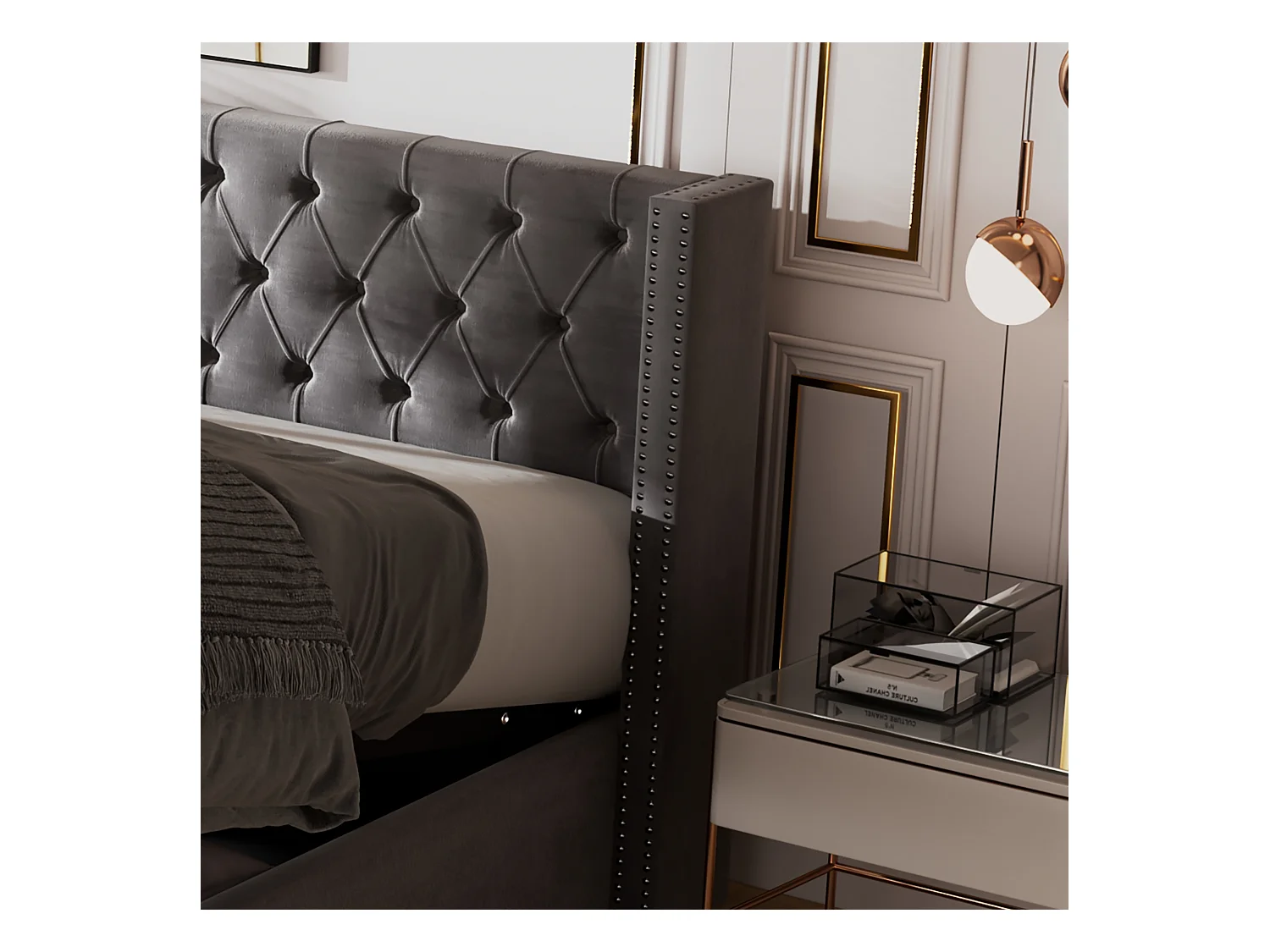 Bett mit Stauraum 180 x 200 cm – grauer Samt – Doppelbett mit geknöpftem Kopfteil und Lattenrost – ohne Matratze