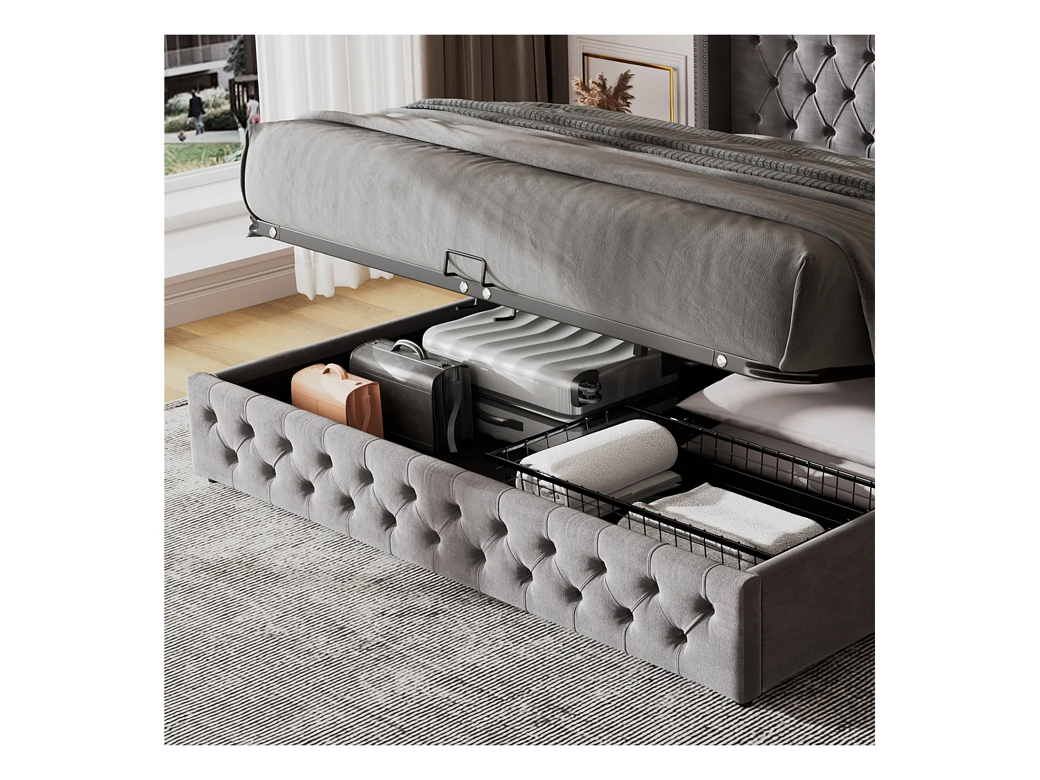 Bett mit Stauraum 180 x 200 cm – grauer Samt – Doppelbett mit geknöpftem Kopfteil und Lattenrost – ohne Matratze