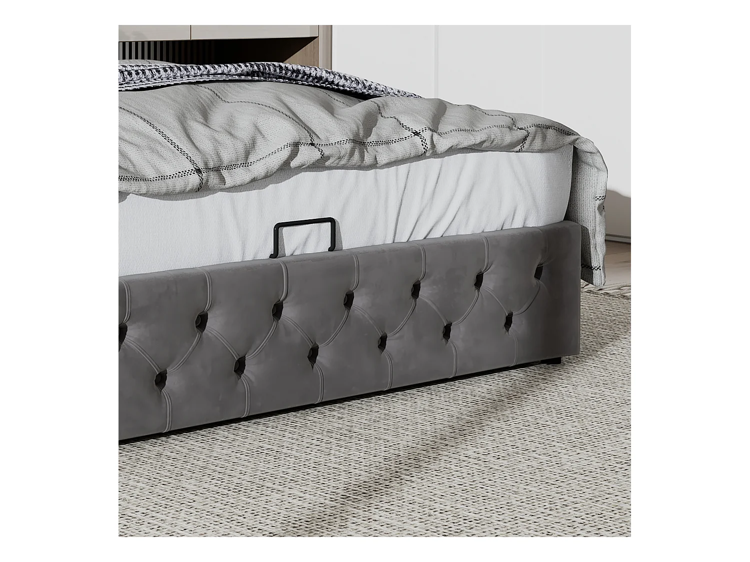 Bett mit Stauraum 180 x 200 cm – grauer Samt – Doppelbett mit geknöpftem Kopfteil und Lattenrost – ohne Matratze