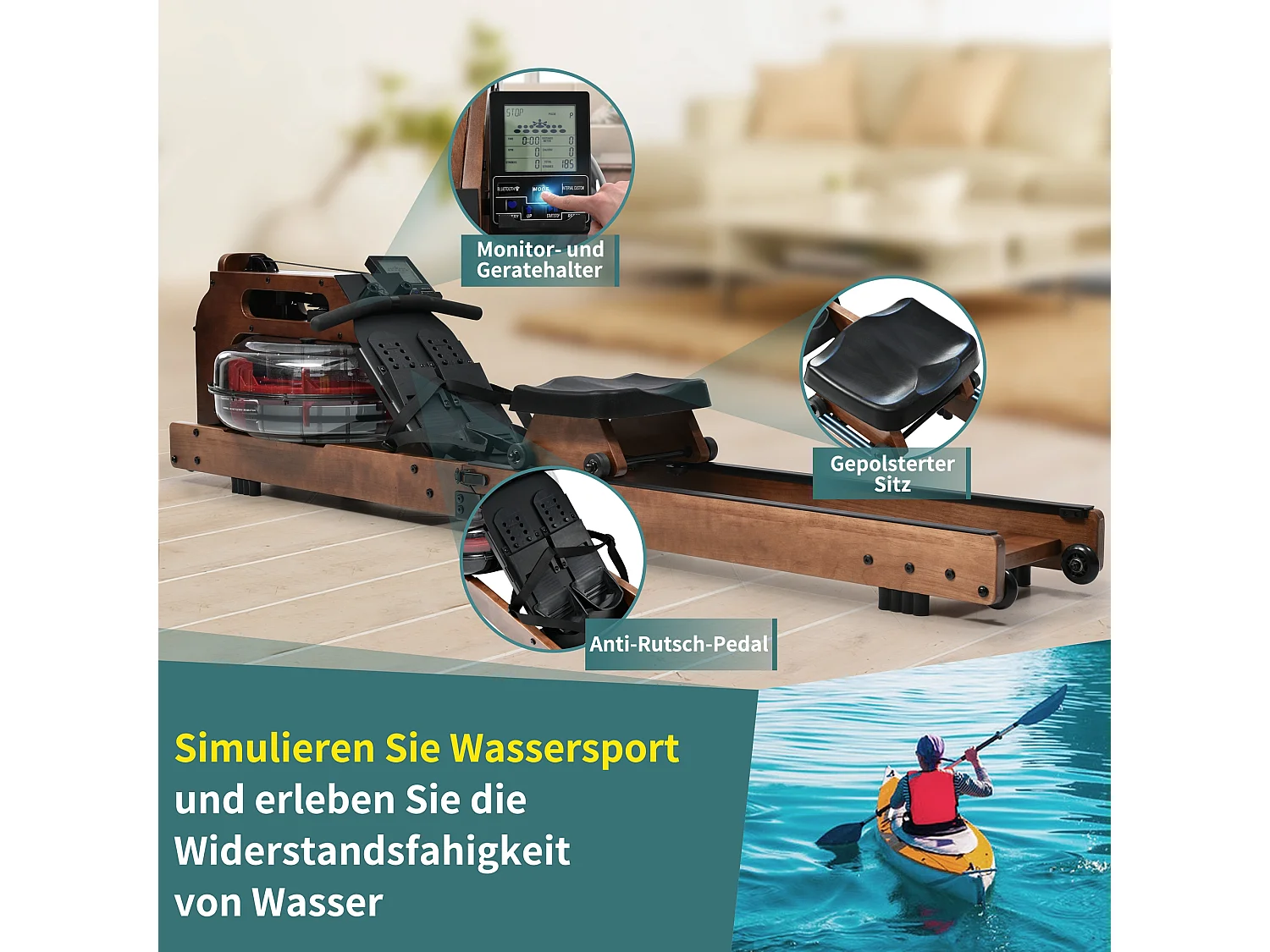 Rameur pliable Résistant à l'eau Application Kinomap Fitness à domicile en intérieur - Marron