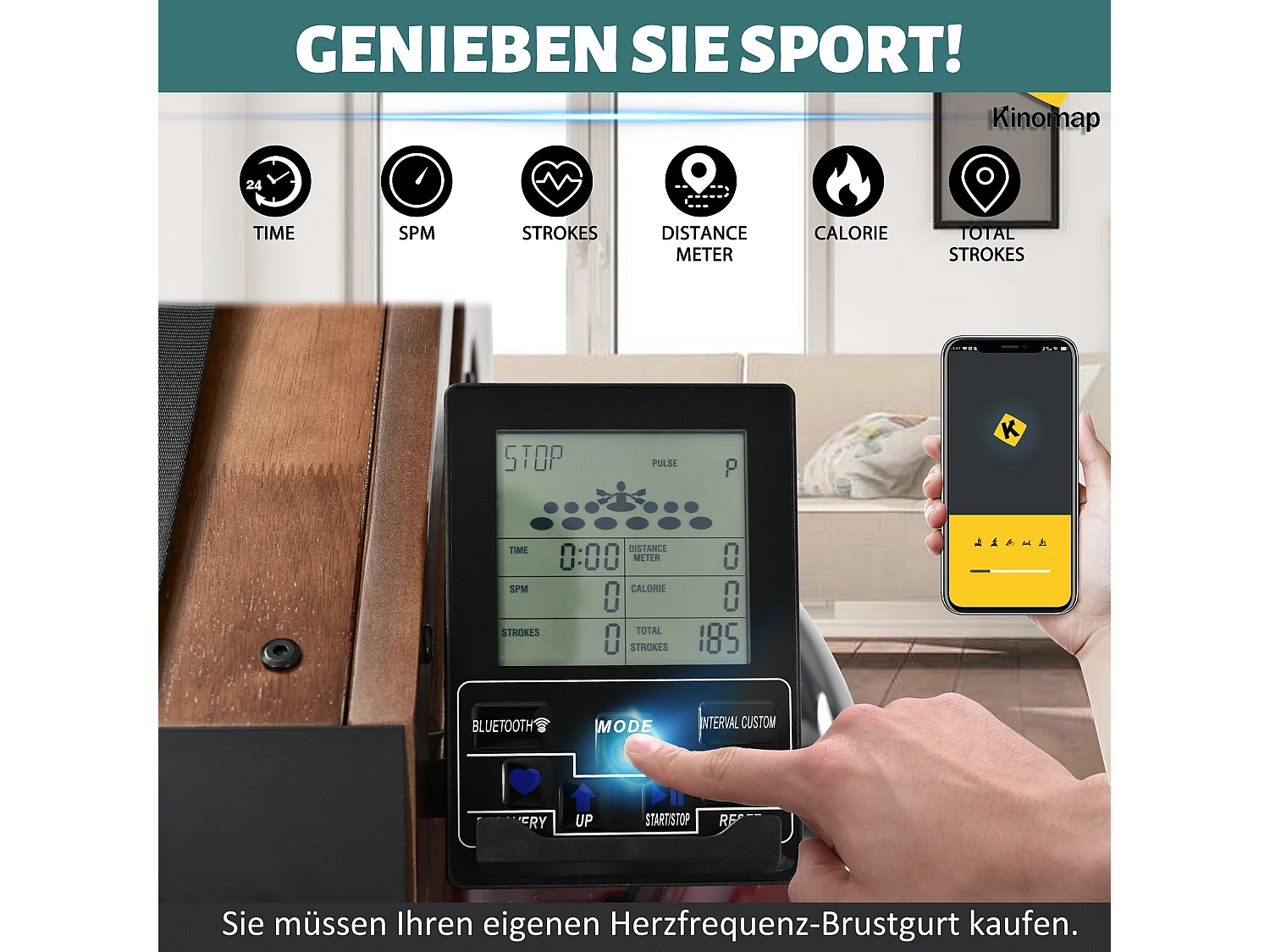 Rameur pliable Résistant à l'eau Application Kinomap Fitness à domicile en intérieur - Marron