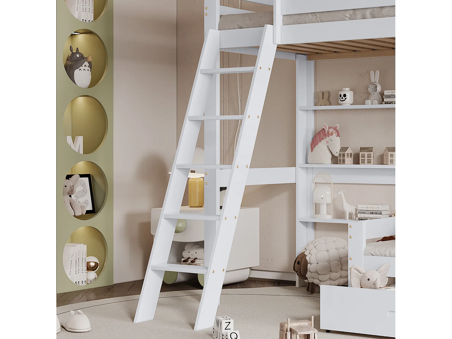 Lit mezzanine 90 x 200 cm - avec étagères, tiroirs et échelle - sommier à lattes en bois - blanc