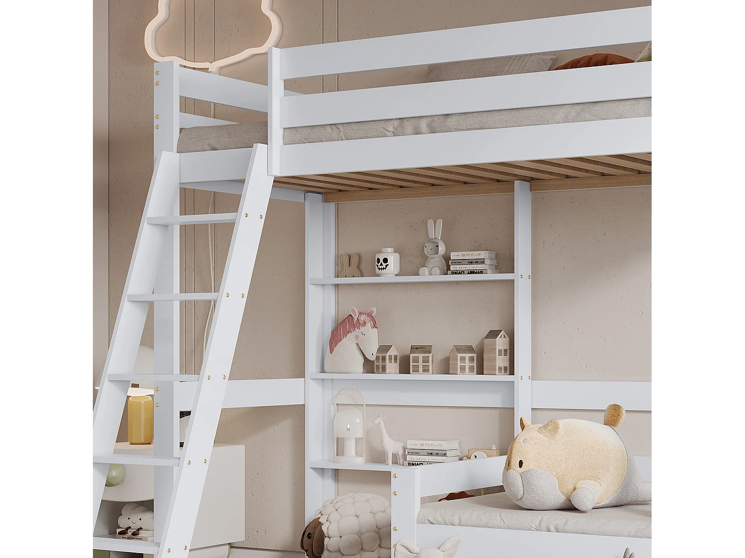 Lit mezzanine 90 x 200 cm - avec étagères, tiroirs et échelle - sommier à lattes en bois - blanc