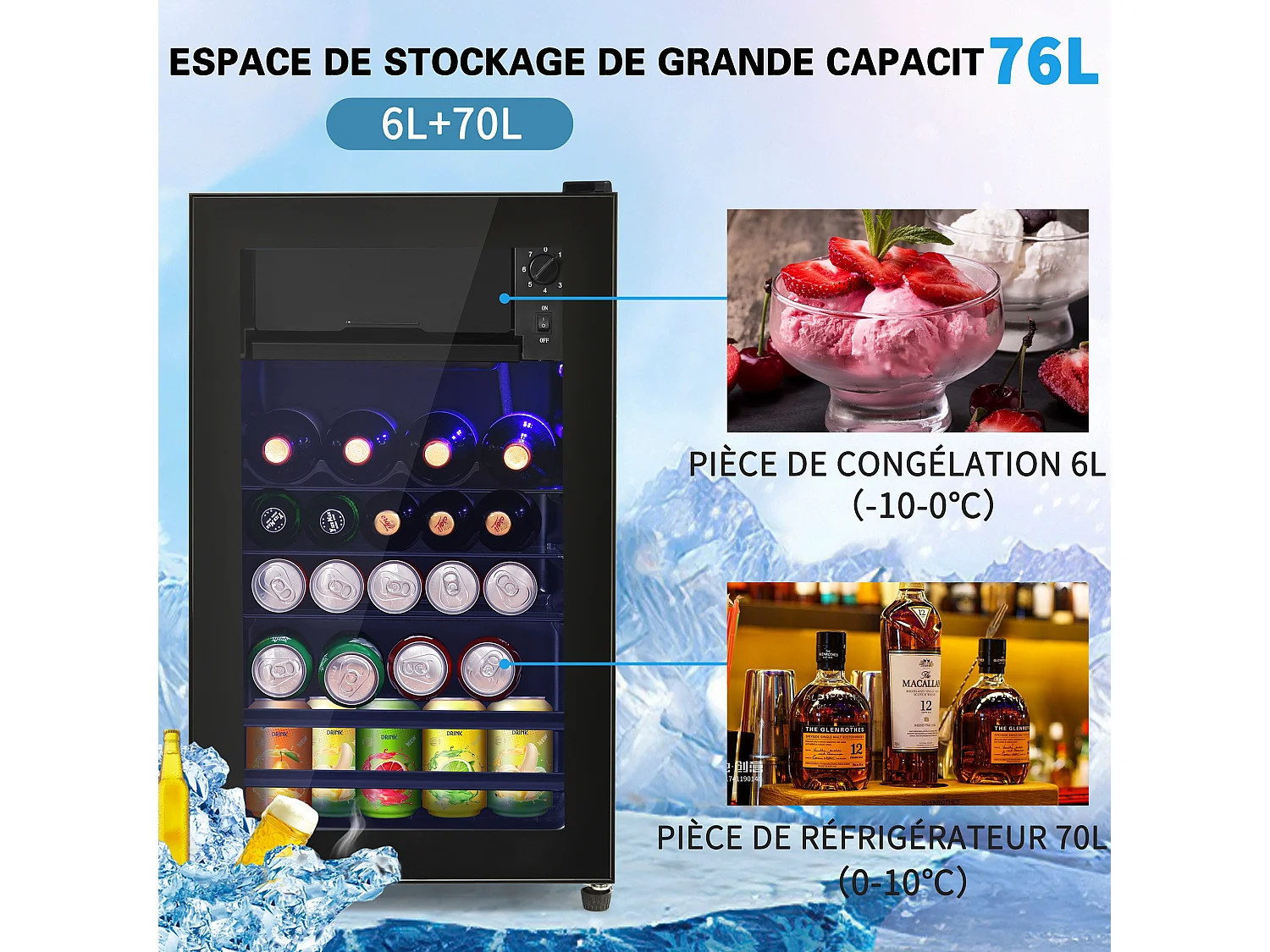 Mini réfrigérateur de 76 L, système de refroidissement par compresseur, économe en énergie - Noir