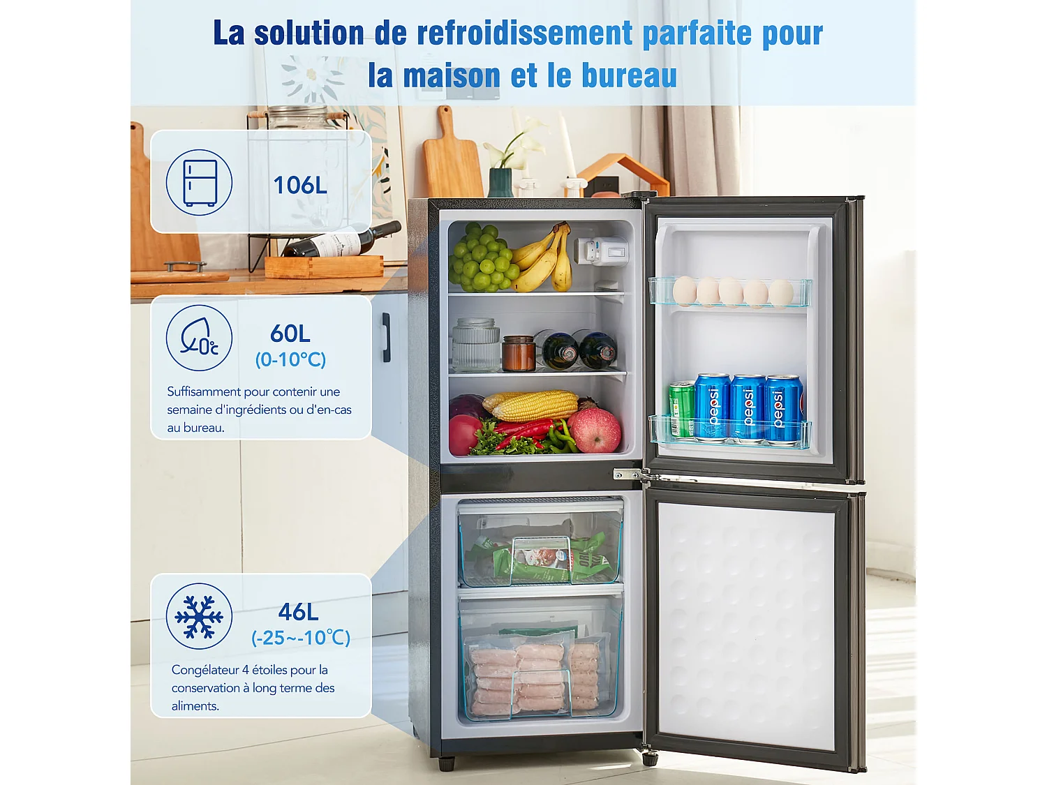 Réfrigérateur basse consommation 106L double zone, 7 réglages de température - Gris