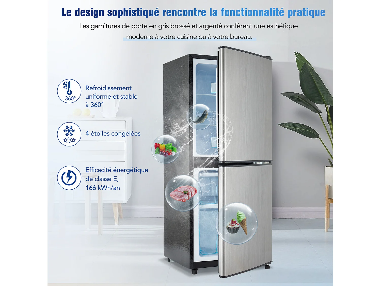 Réfrigérateur basse consommation 106L double zone, 7 réglages de température - Gris