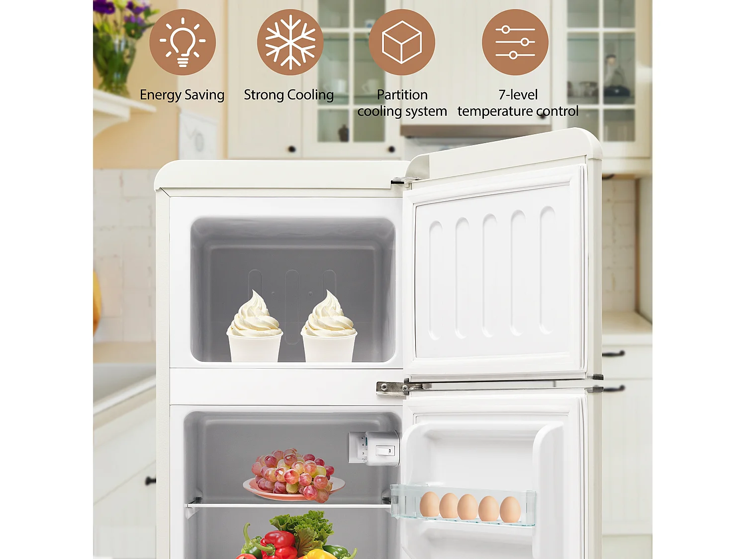 Réfrigérateur rétro 105.5x41 cm Réfro-congélateur 92 L total, 28 L ongélateur, 27°C ~13°C - Blanc