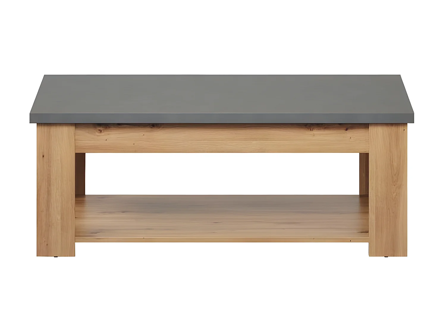 Mesa de centro estilo follow, color gris, decoración roble.