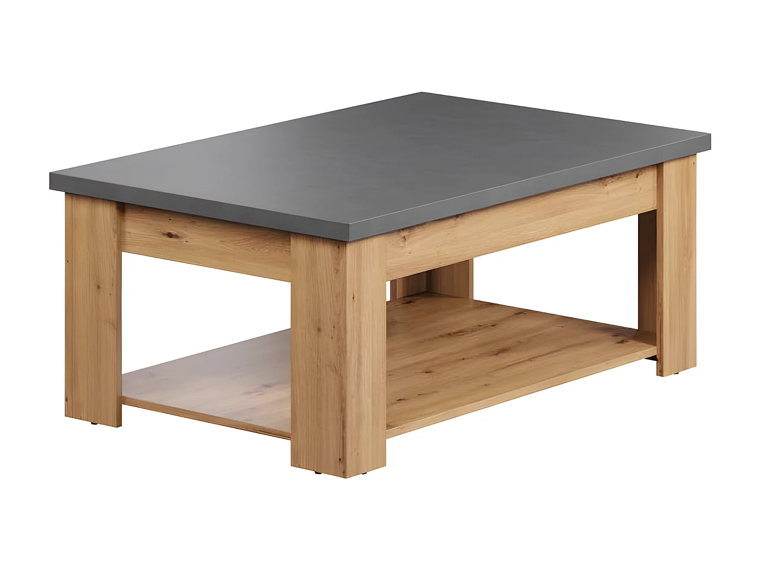 Mesa de centro estilo follow, color gris, decoración roble.